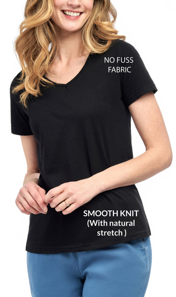 Women's V Neck Knit Tee– Hits at the Hip for Longer Coverage and a Sleeker Fit - Black- Info -  TURTLE BAY APPAREL