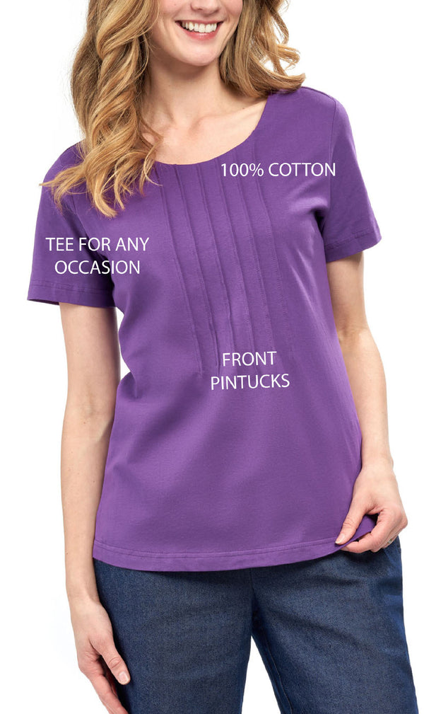 Women's Pintuck Short Sleeve Knit Tee– A Casual Favorite Goes Uptown - Grape - info - TURTLE BAY APPAREL