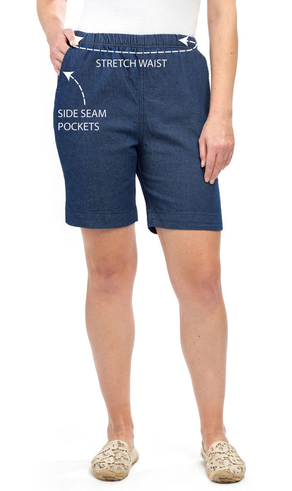 Women's Pull On Denim Shorts – Stretch Waist Frees You from Binding Zippers and Buttons TURTLE BAY APPAREL