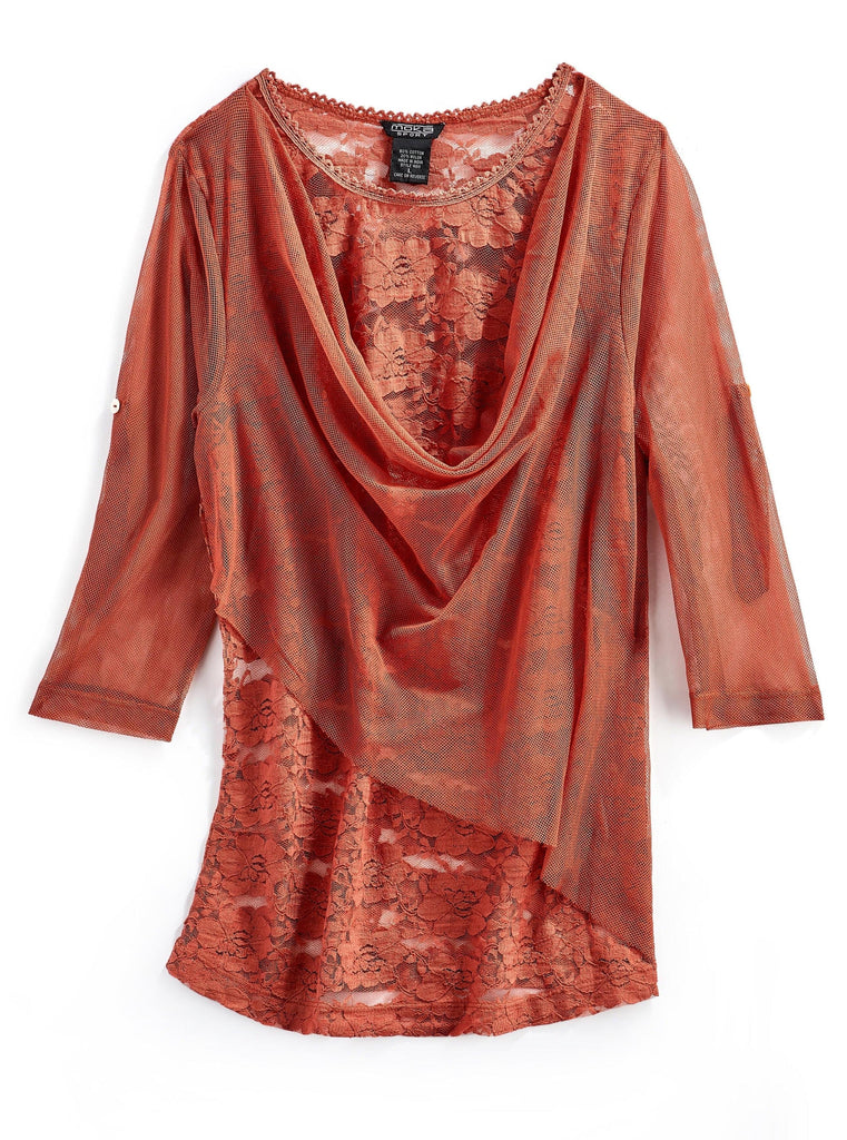 Women's Layered Asymmetric Mesh Layer Top - Flat lay - TURTLE BAY APPAREL