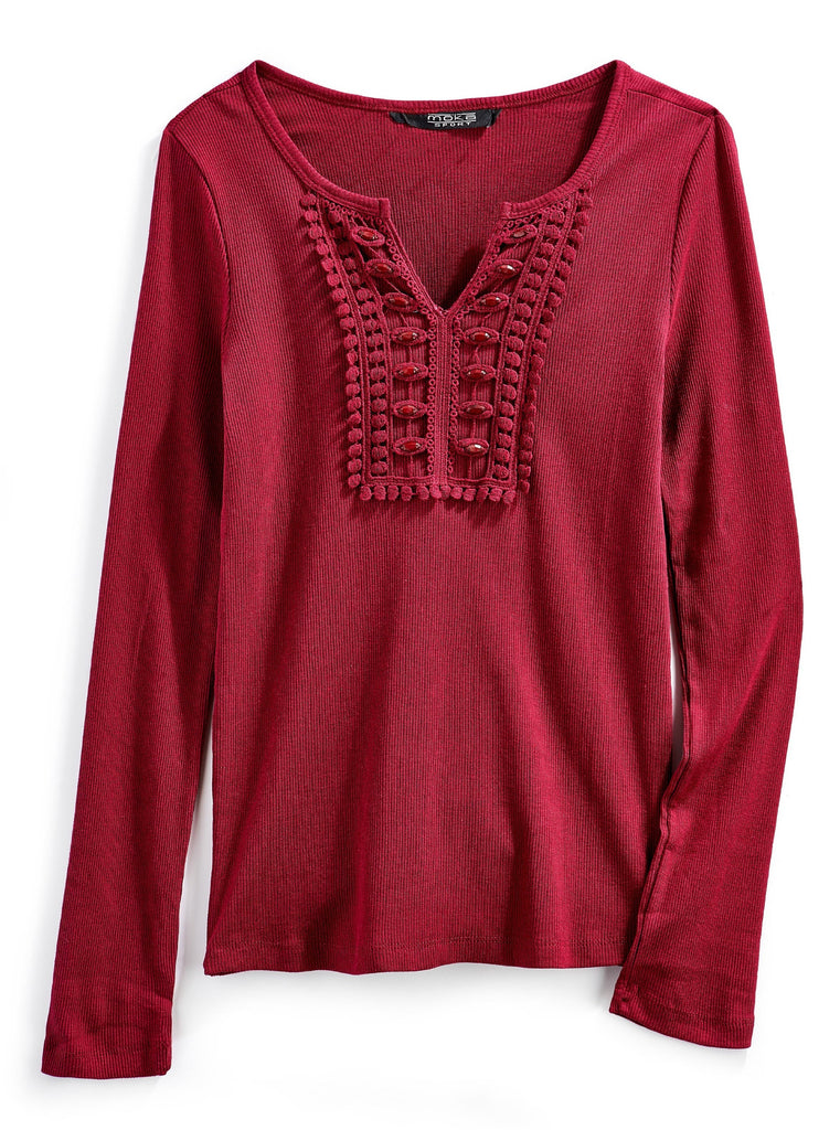 Women's Open V Neck Knit Top With Crochet And Jewel Trim Shirt - Flat lay - TURTLE BAY APPAREL