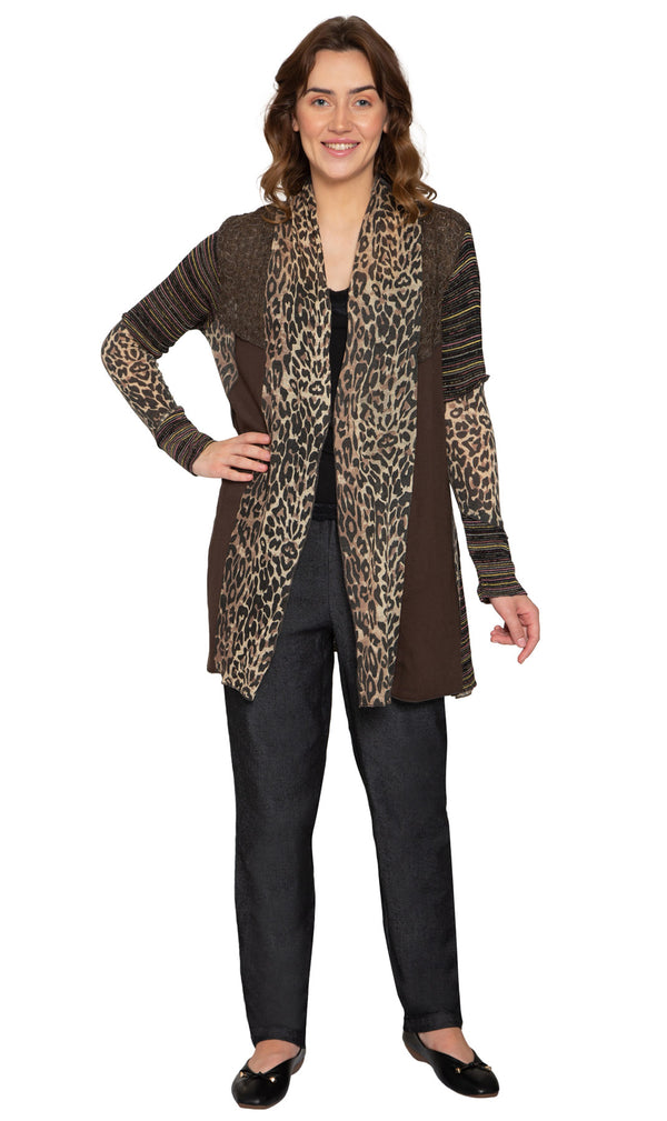 Women's Open Front Leopard Printed Mixed Media Cardigan - Full - TURTLE BAY APPAREL