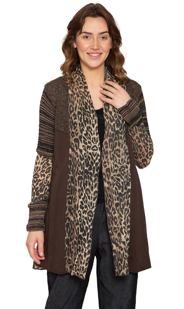 Women's Open Front Leopard Printed Mixed Media Cardigan - Front -  TURTLE BAY APPAREL