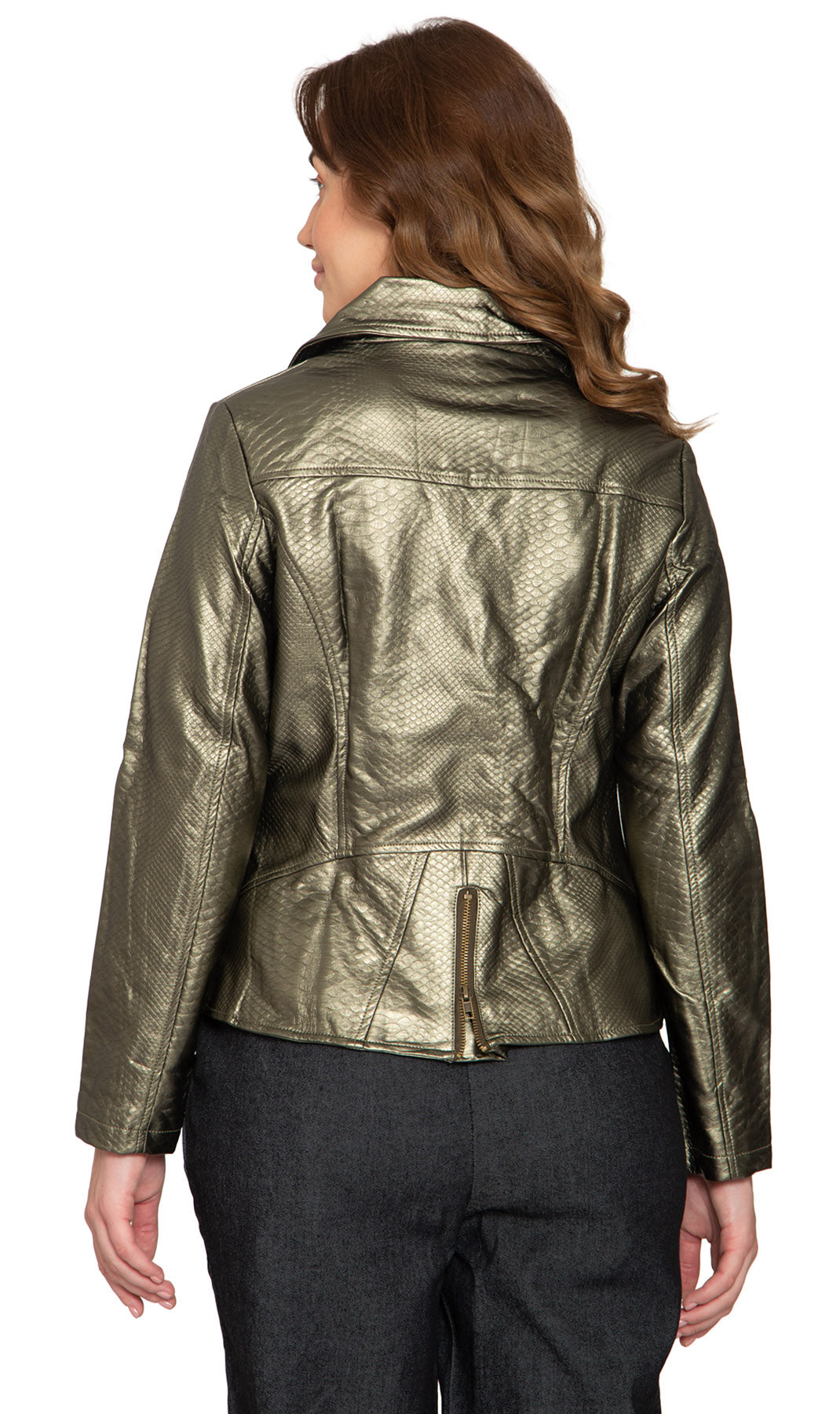 Women's Metallic Snake Pattern Moto Jacket - Back -  TURTLE BAY APPAREL