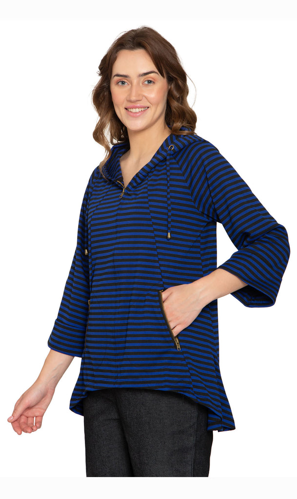 Women's Striped Zip Front High Low Hooded Jacket -Side -  TURTLE BAY APPAREL