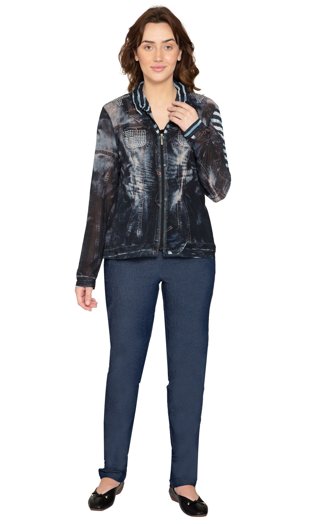 girl　Stone  メッシュダウンジャケット01AW Women's Mesh Denim Look Printed Zip Front Jacket With Rhinestones