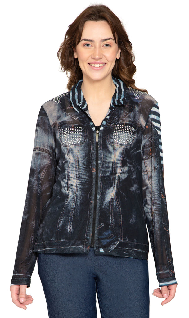 Women's Mesh Denim Look Printed Zip Front Jacket With Rhinestones - Front - TURTLE BAY APPAREL