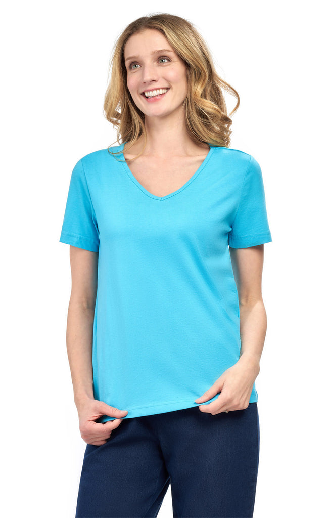 Women's V Neck Knit Tee– Hits at the Hip for Longer Coverage and a Sleeker Fit - Turquoise - Front - TURTLE BAY APPAREL