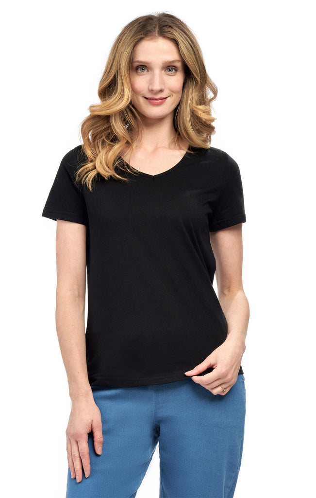 Women's V Neck Knit Tee– Hits at the Hip for Longer Coverage and a Sleeker Fit - Black- Front -  TURTLE BAY APPAREL