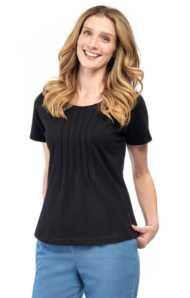 Women's Pintuck Short Sleeve Knit Tee– A Casual Favorite Goes Uptown - Black- Front - TURTLE BAY APPAREL