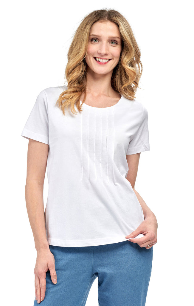 Women's Pintuck Short Sleeve Knit Tee– A Casual Favorite Goes Uptown - White - Front -  TURTLE BAY APPAREL