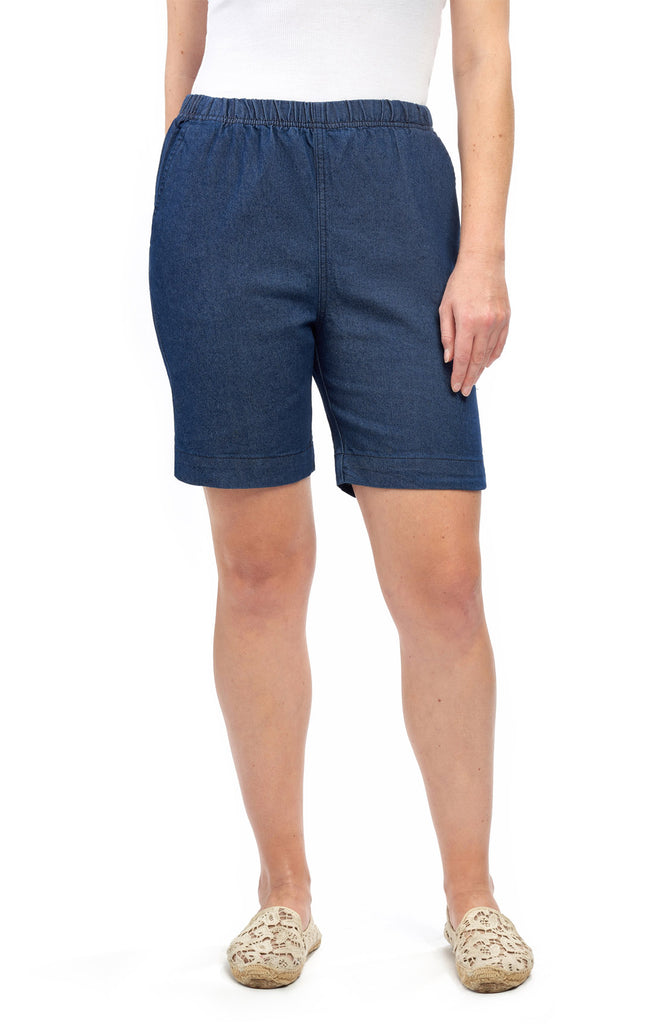 Women's Pull On Denim Shorts – Stretch Waist Frees You from Binding Zippers and Buttons - Indigo- Front - TURTLE BAY APPAREL