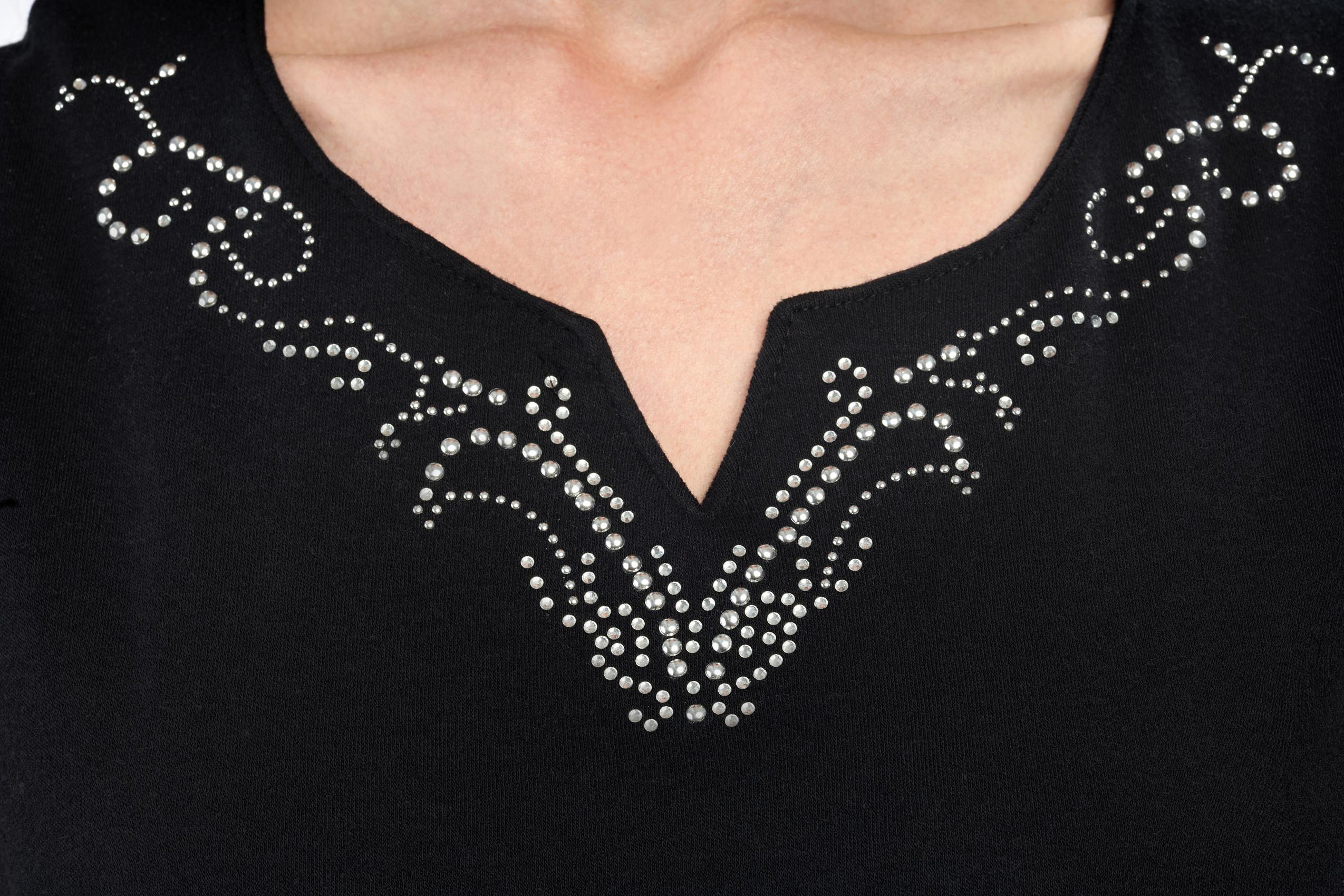 Women's Rhinestone Notch V Neck Knit Tank - Black- Close up - TURTLE BAY APPAREL