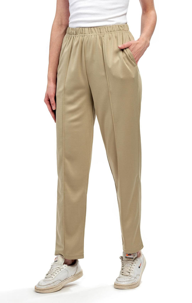 Women's Classic Poly Knit Pants - Pull On Slacks with Elastic Waist for Easy Comfort Tan - Front - TURTLE BAY APPAREL