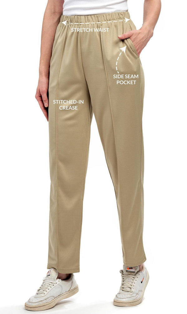 Women's Classic Poly Knit Pants - Pull On Slacks with Elastic Waist for Easy Comfort - Tan - Details - TURTLE BAY APPAREL